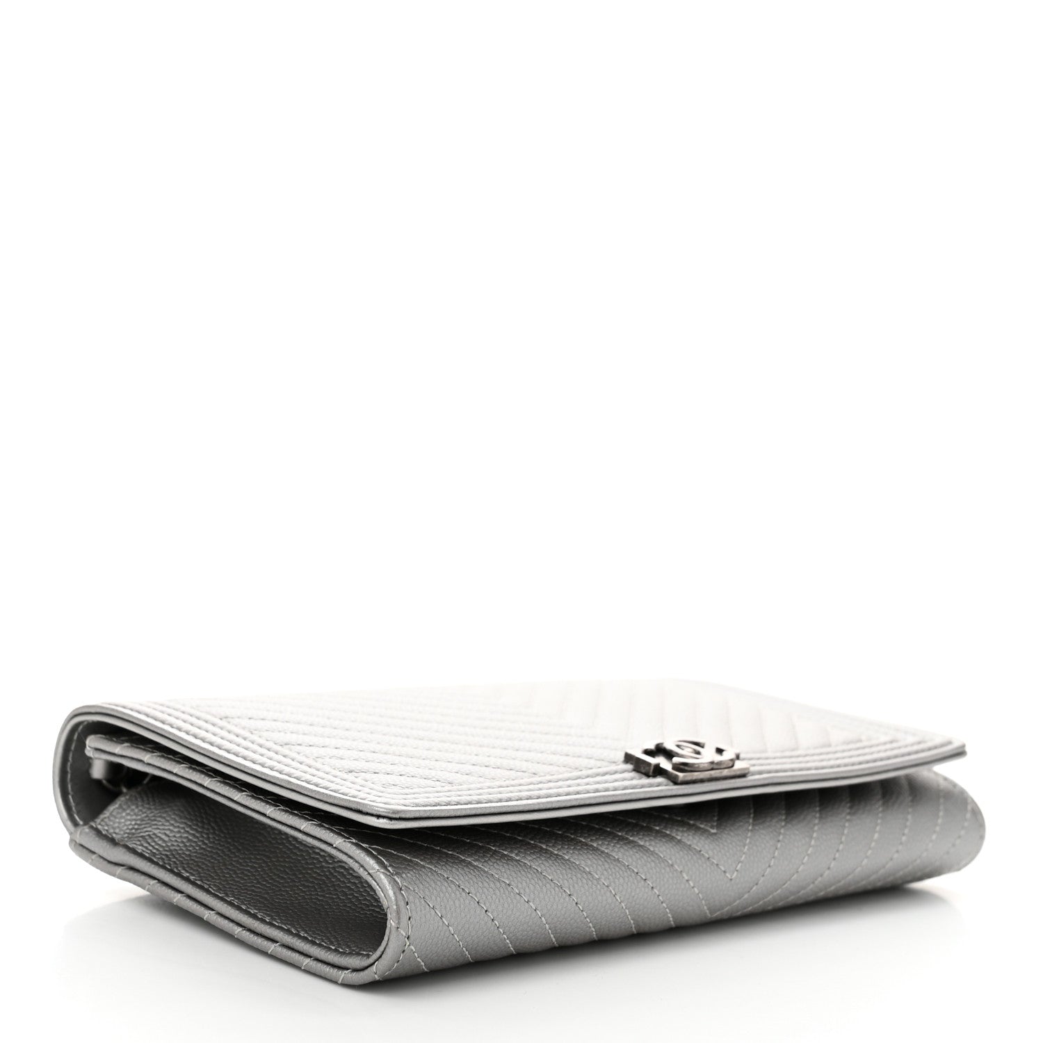 Chanel Metallic Caviar Chevron Quilted Boy Wallet On Removable Chain WOC Silver 5 of 12