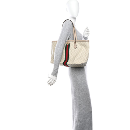 Gucci GG Supreme Monogram Textured Dollar Calfskin Web Medium Ophidia Shopping Tote Beige Mystic White Oatmeal 2 of 9