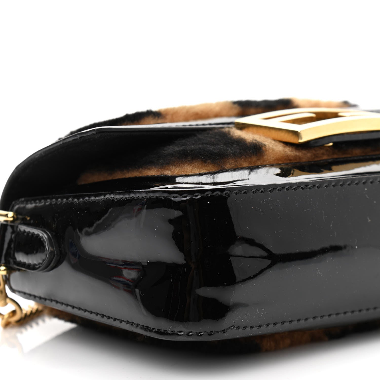 Fendi Shearling Vitello Vernice Mou Pequin Striped Mini Baguette Tobacco Black 10 of 11