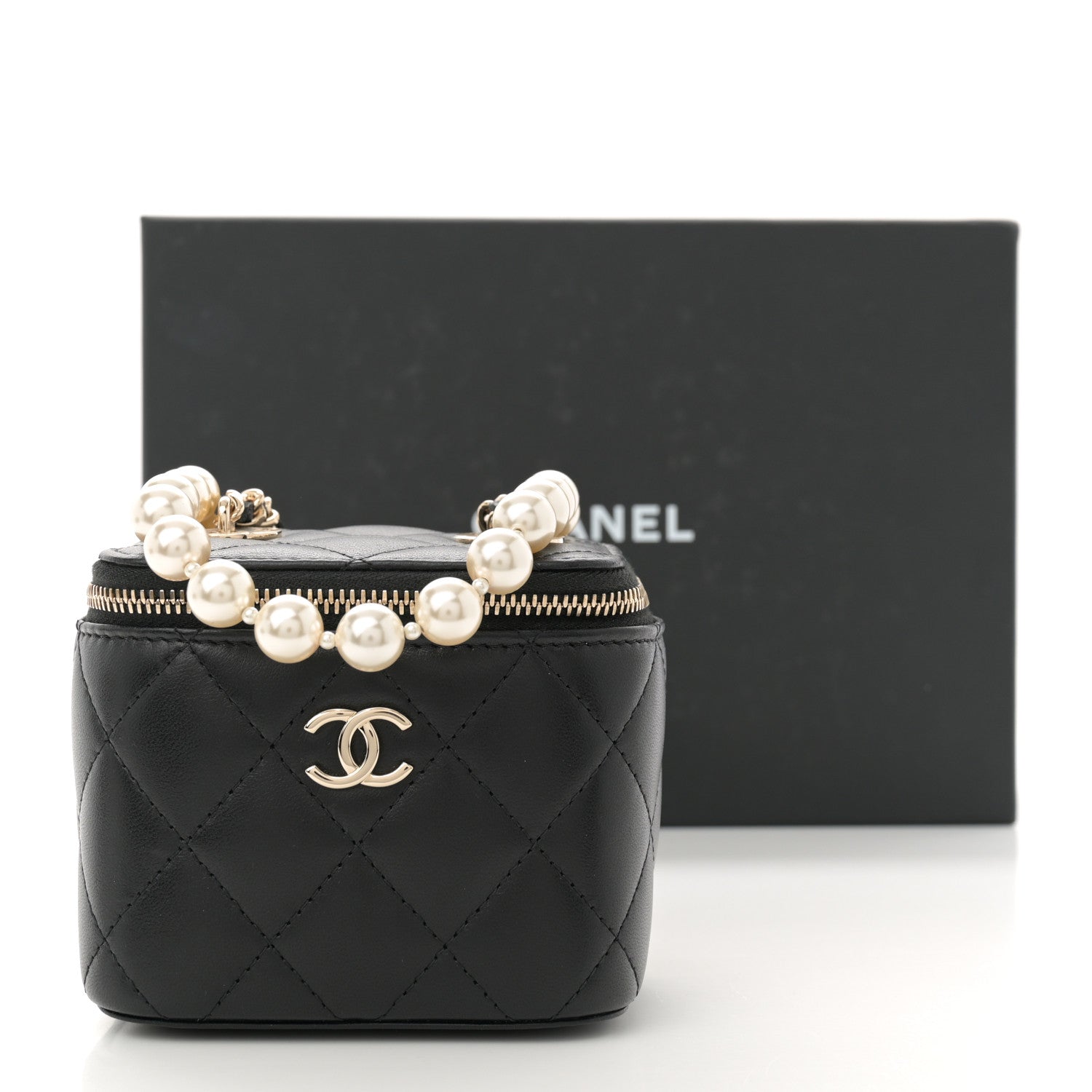 Chanel Lambskin Quilted Mini Vanity Case With Pearl Chain Black 11 of 11