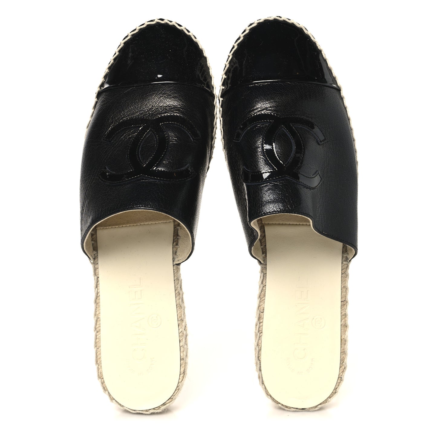 Iridescent Goatskin Patent CC Espadrille Mules 39 Black