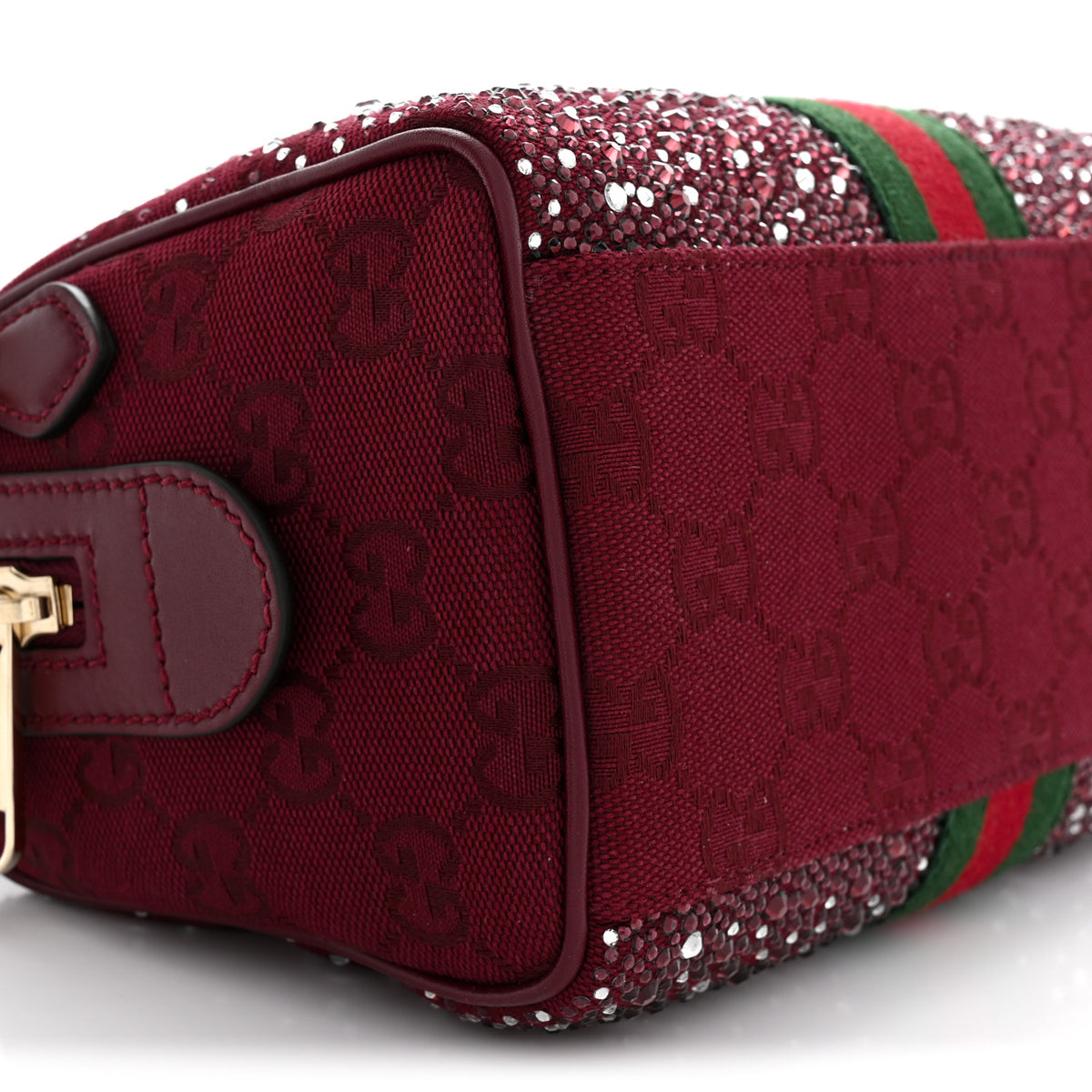 Gucci Crystal Canvas GG Monogram Textured Dollar Calfskin Web Mini Ophidia Top Handle Bowler Bag Rosso Ancora 9 of 11