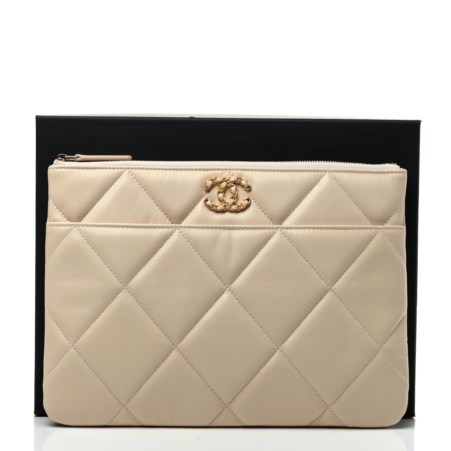 Shiny Goatskin Quilted Chanel 19 Pouch Beige
