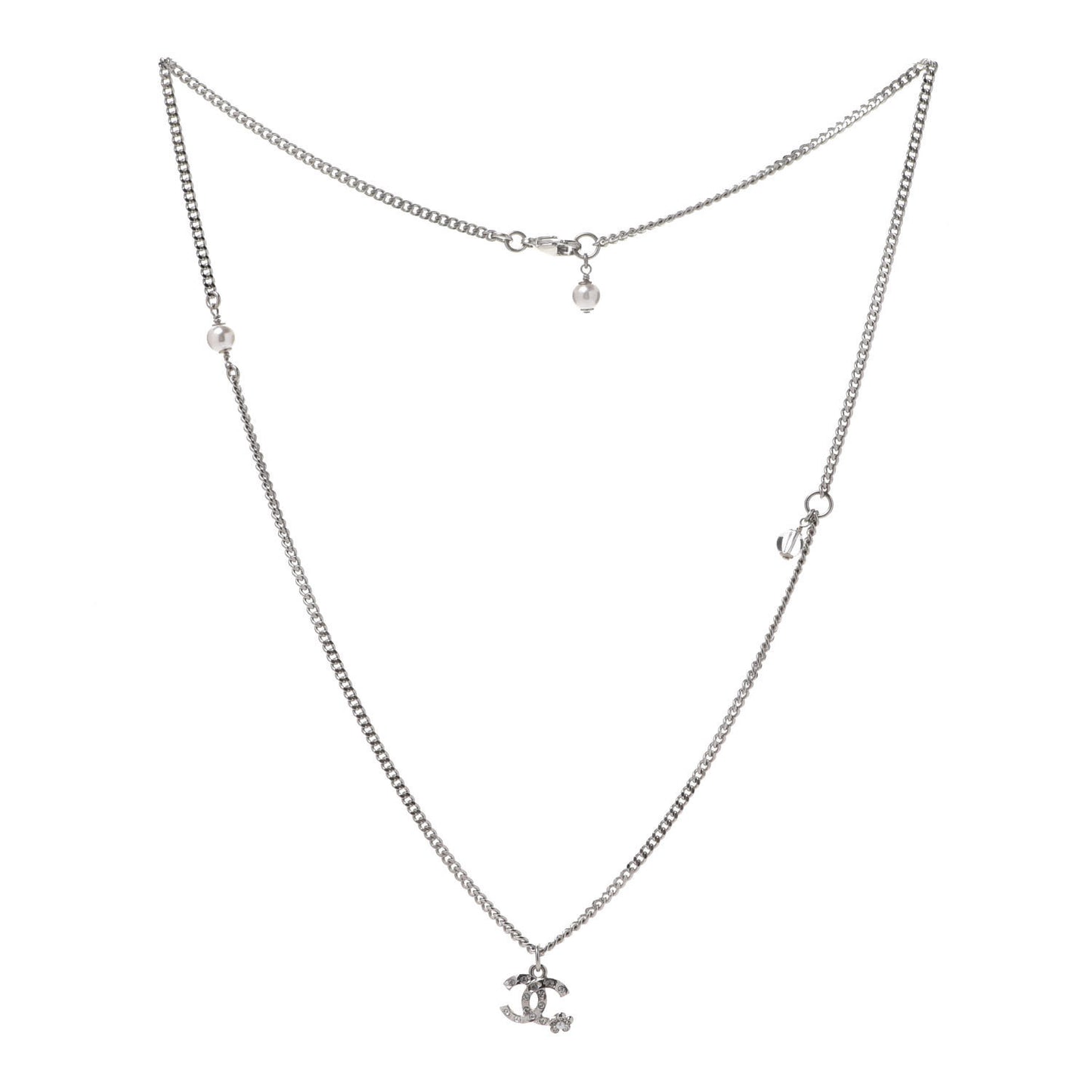 Pearl Crystal CC Pendant Necklace Silver