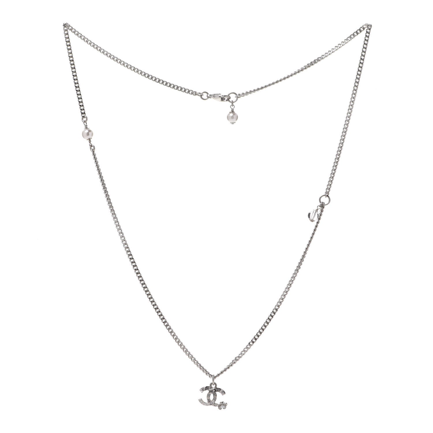 Chanel Pearl Crystal CC Pendant Necklace Silver 3 of 6