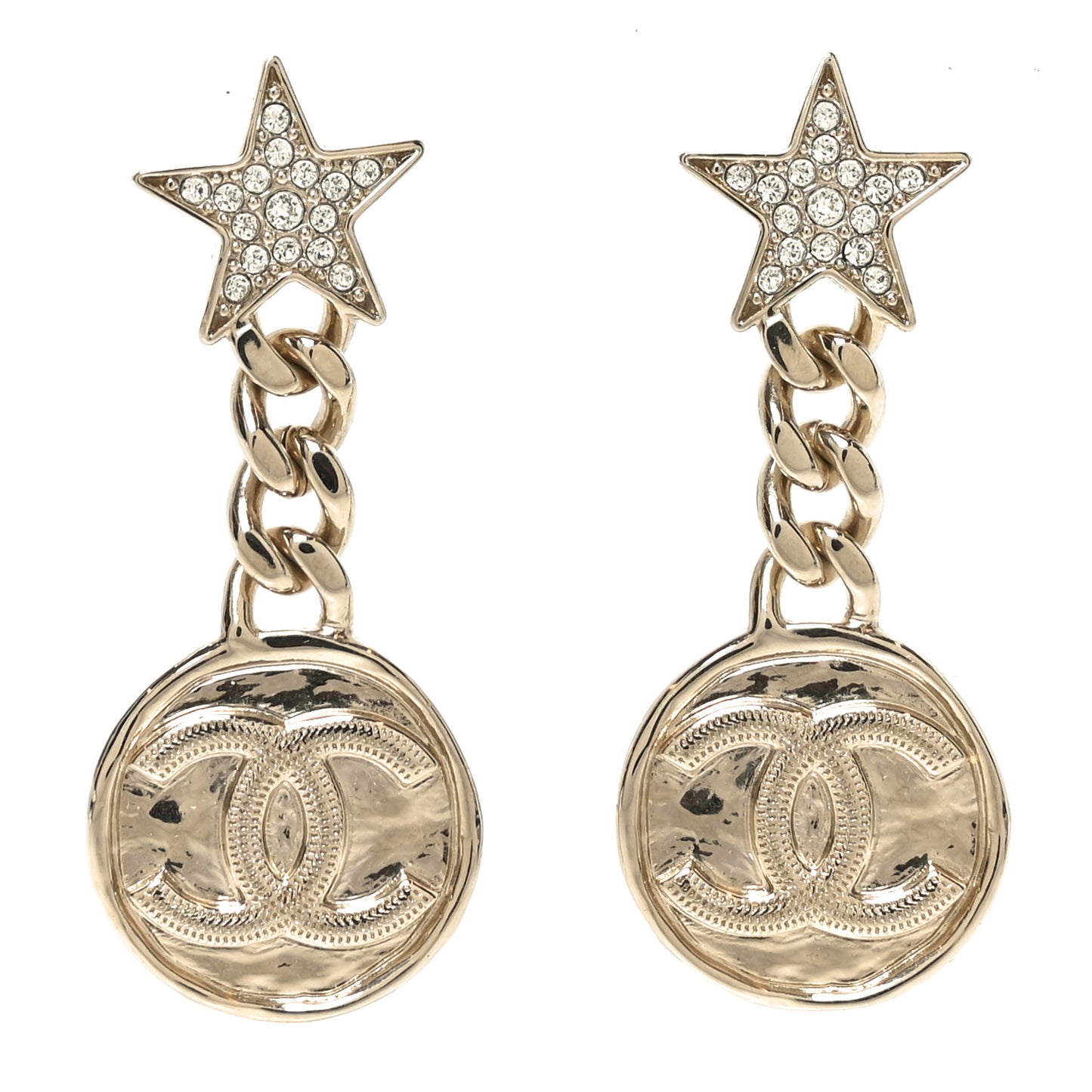 Metal Crystal Textured CC Star Drop Earrings Gold