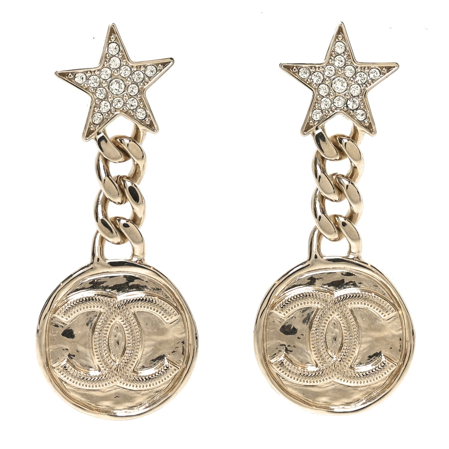 Chanel Metal Crystal Textured CC Star Drop Earrings Gold 1 of 4