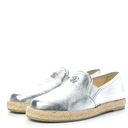 Chanel Crumpled Lambskin CC Mocassin Loafer Espadrilles 35 Silver 3 of 10