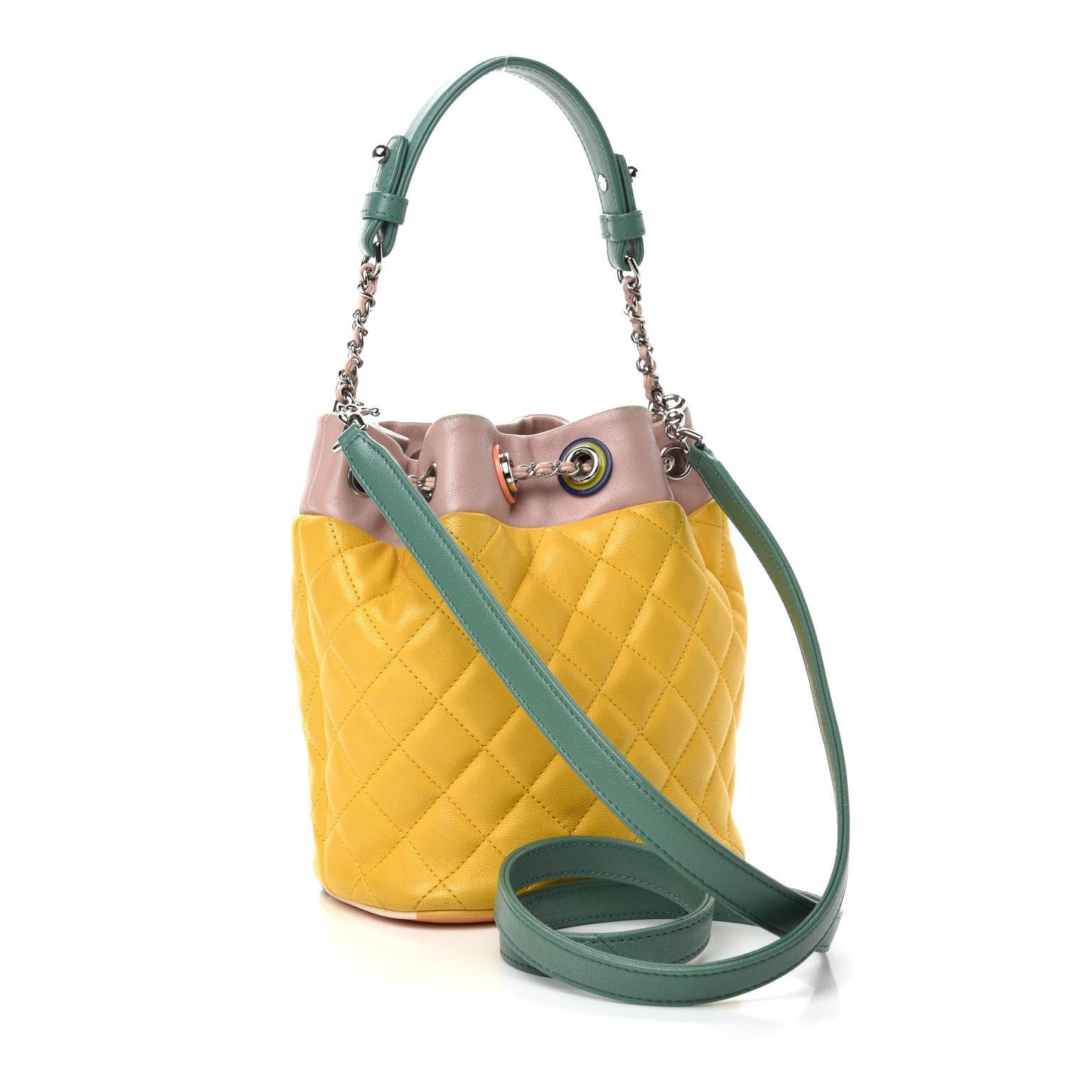 Chanel Lambskin Quilted Cuba Drawstring Tote Yellow Pink Green 5 of 19