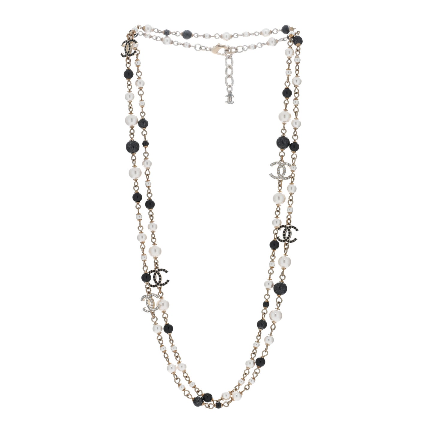 Pearl Bead Crystal CC Long Necklace Black Gold