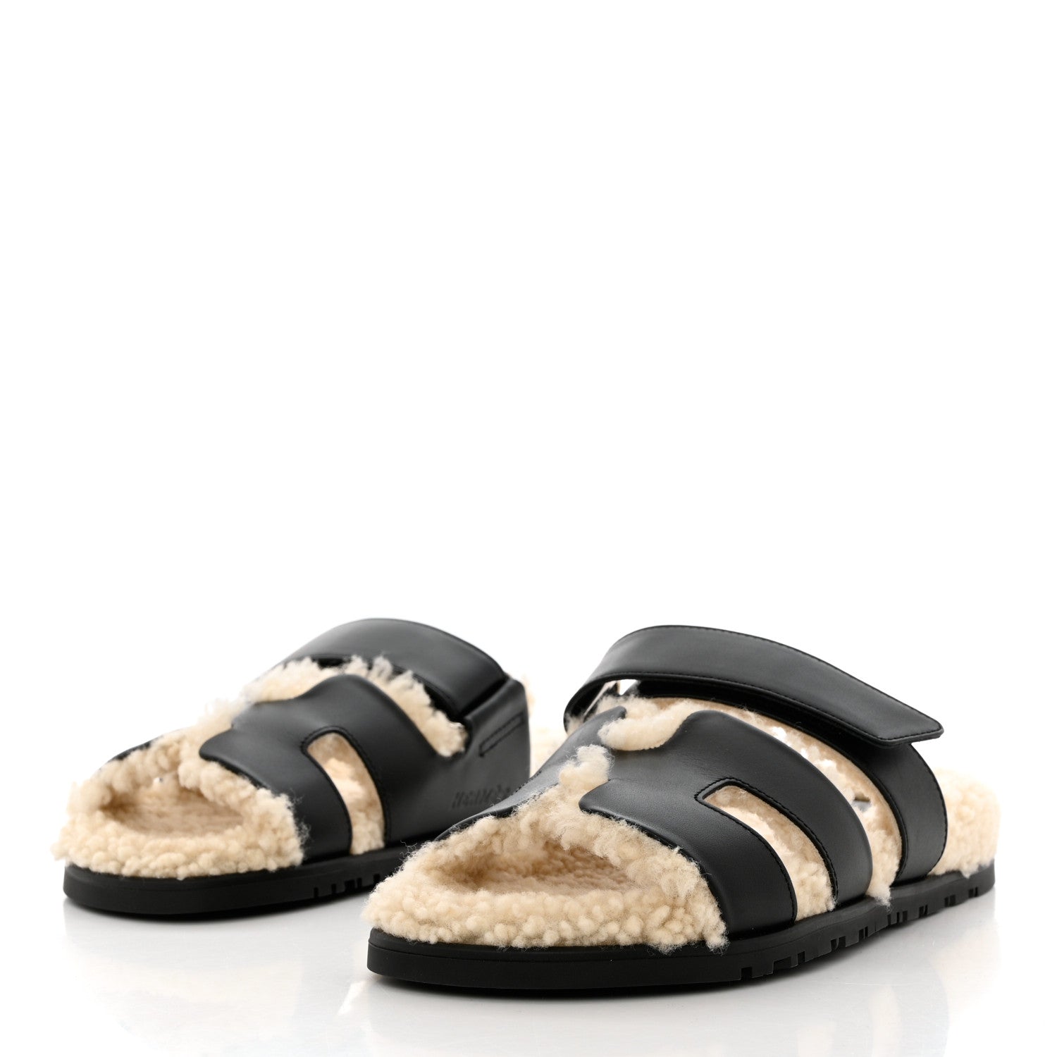 Hermes Calfskin Woolskin Womens Chypre Sandals 36 Black Ecru 3 of 11