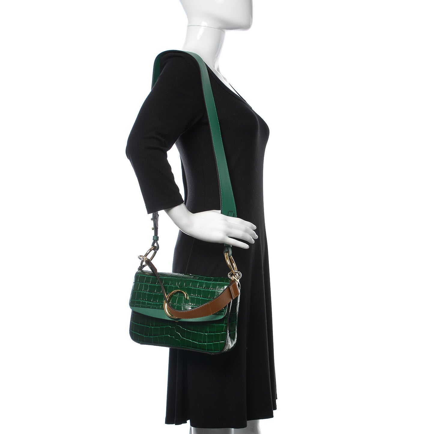 Calfskin Crocodile Embossed Small C Double Carry Woodsy Green
