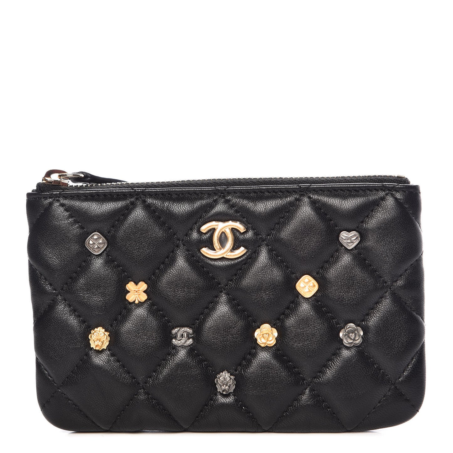 Lambskin Quilted Small Lucky Charms Cosmetic Case Black