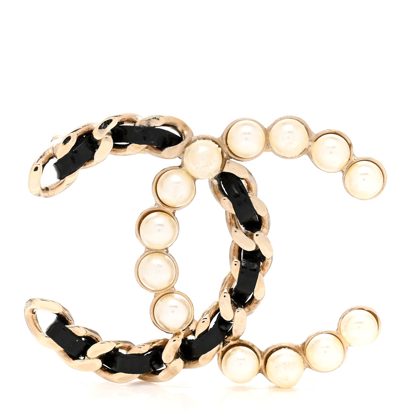 Lambskin Pearl CC Chain Brooch Black Gold