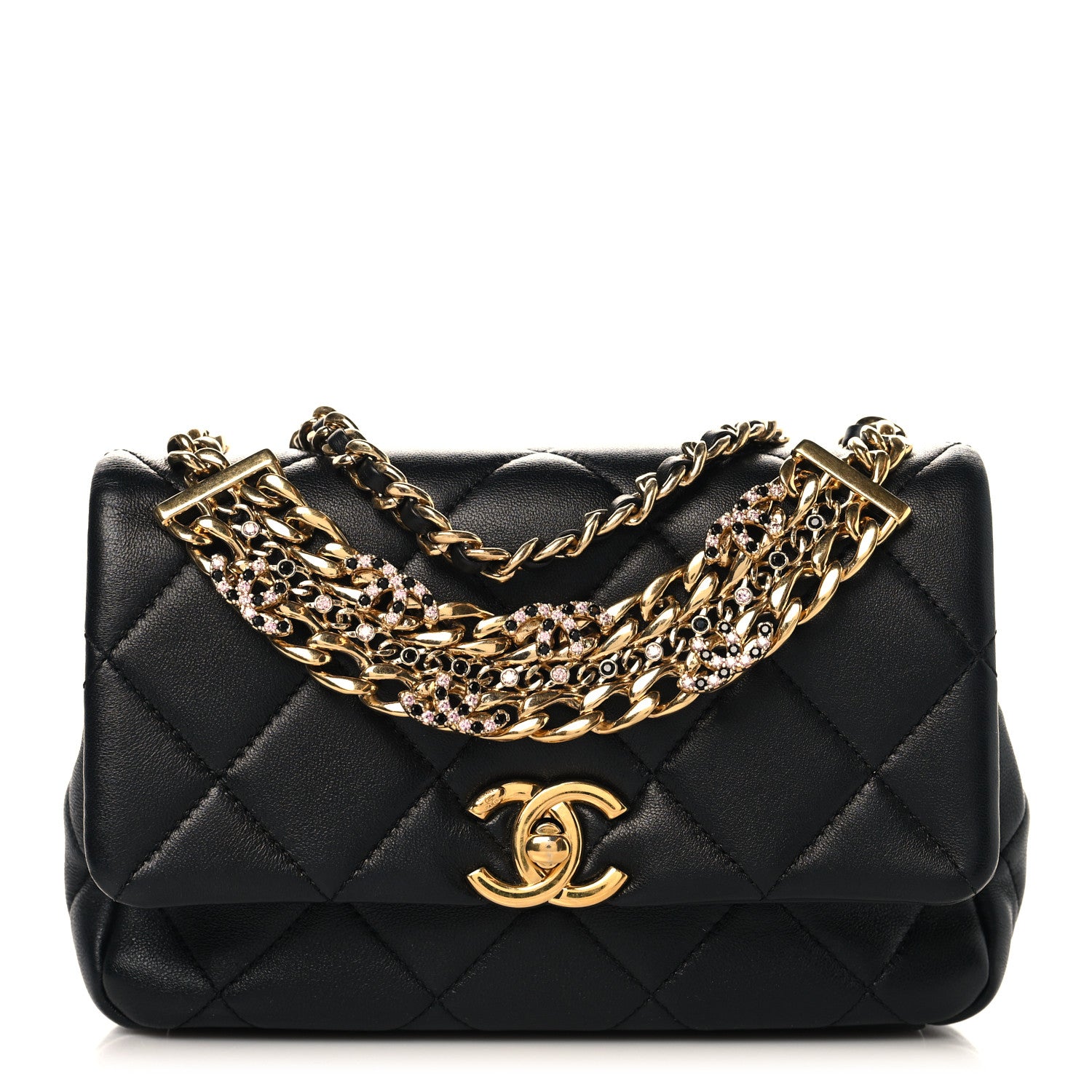 Chanel Lambskin Quilted Mini CC Crystal Logo Chain Flap Black