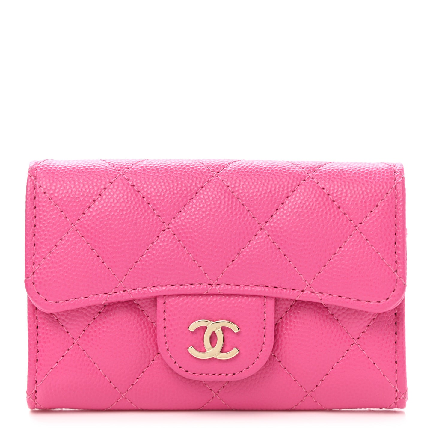 Caviar Quilted Flap Card Holder Wallet Dark Pink