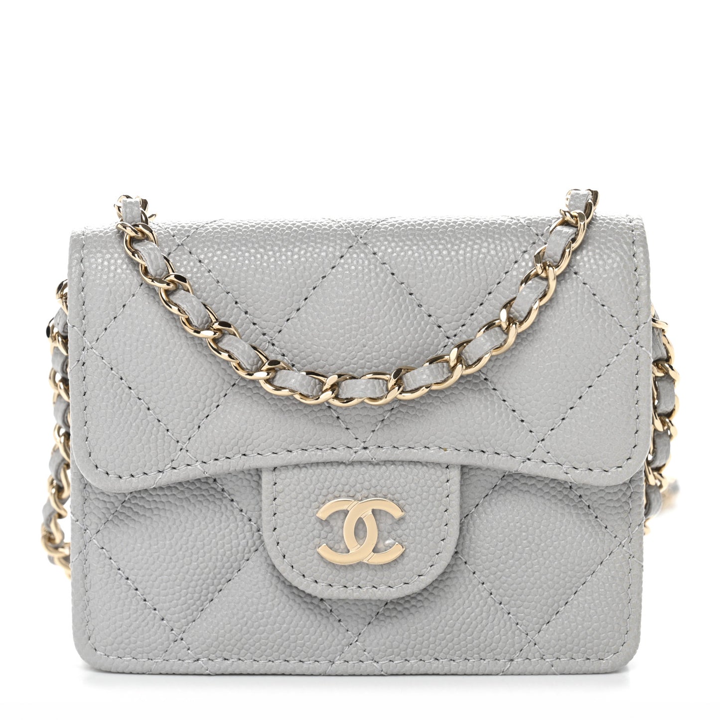 Caviar Quilted Flap Card Holder On Chain Grey
