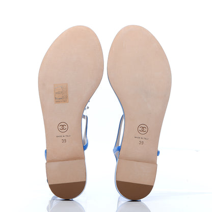 Chanel Shiny Kidskin CC Logo Thong Sandals 39 Blue 5 of 7