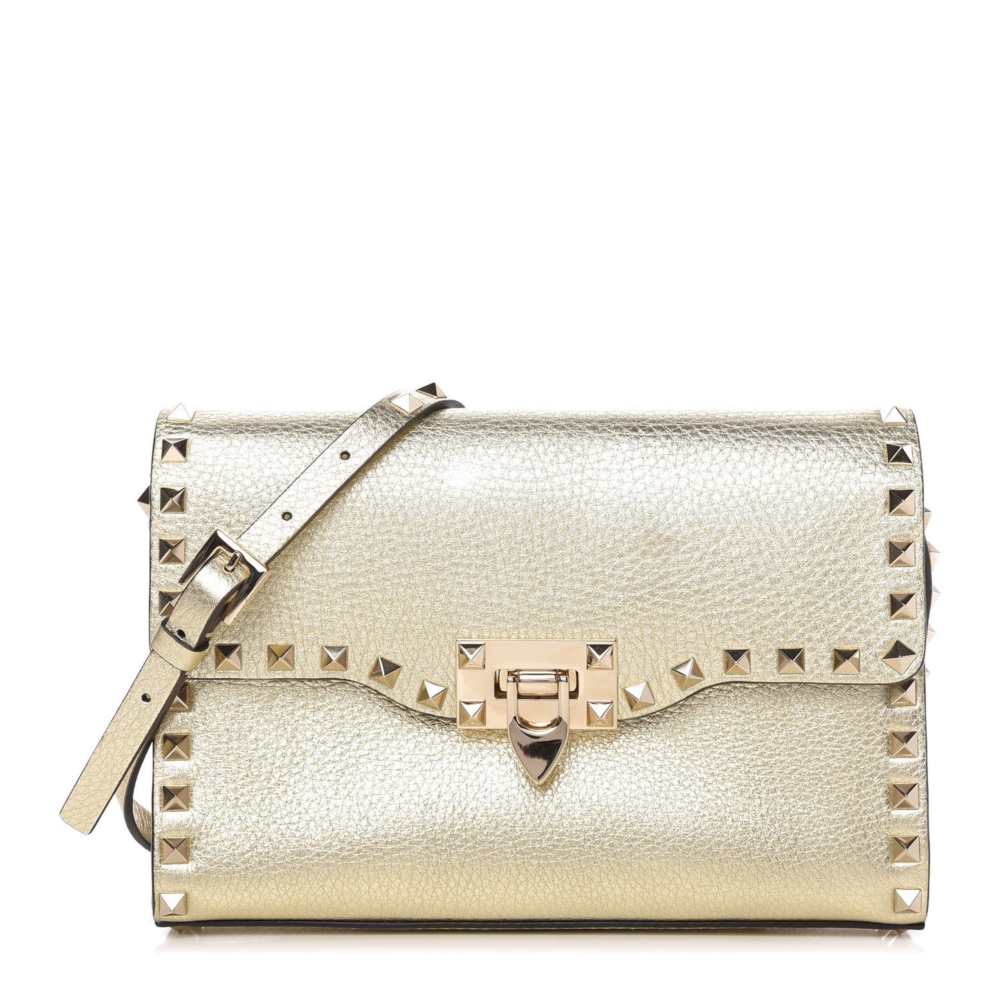 Metallic Pebbled Calfskin Medium Rockstud Flip Lock Crossbody Bag Platino