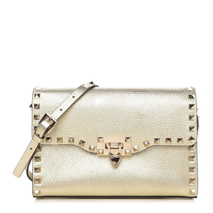 Valentino Garavani Metallic Pebbled Calfskin Medium Rockstud Flip Lock Crossbody Bag Platino 1 of 10