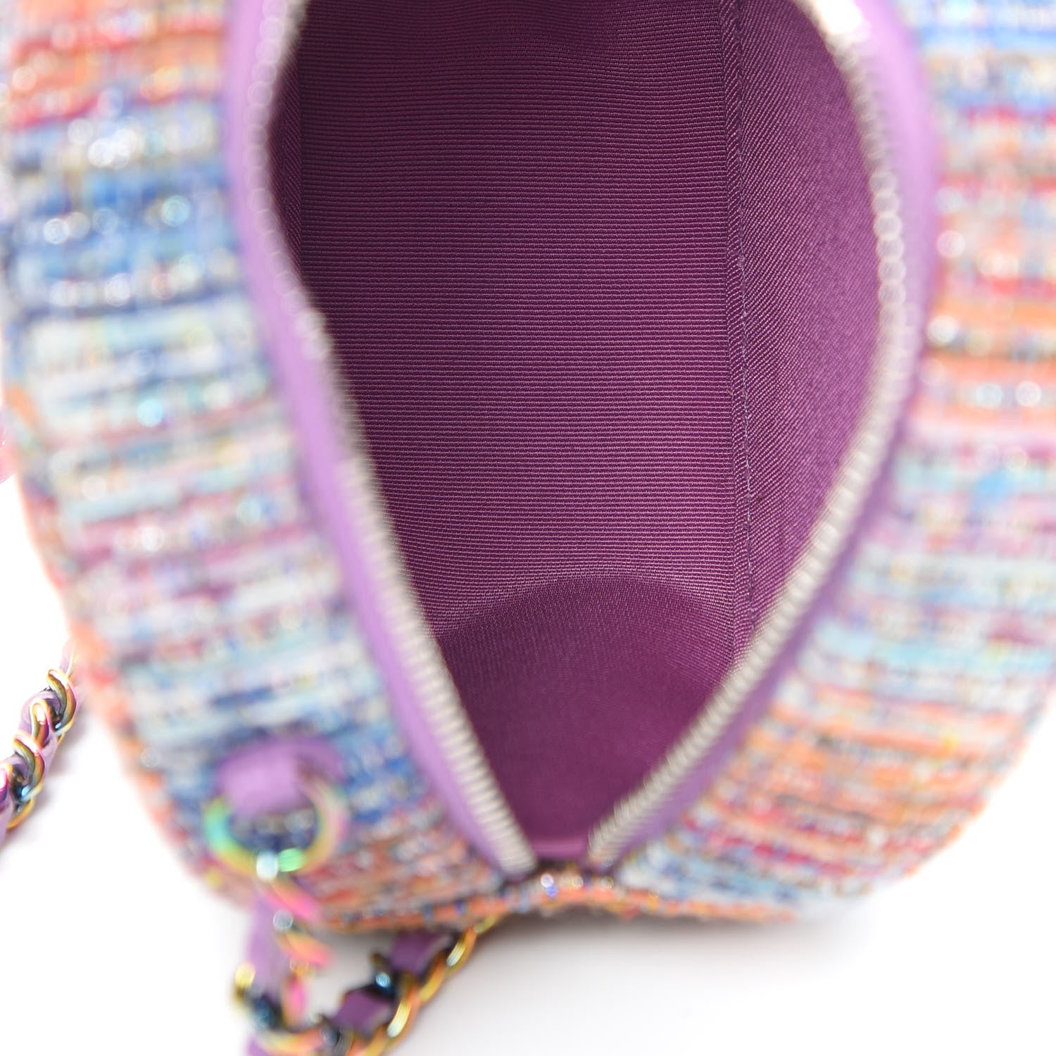Chanel Tweed Quilted Round Clutch With Chain Blue Pink Orange 5 of 11