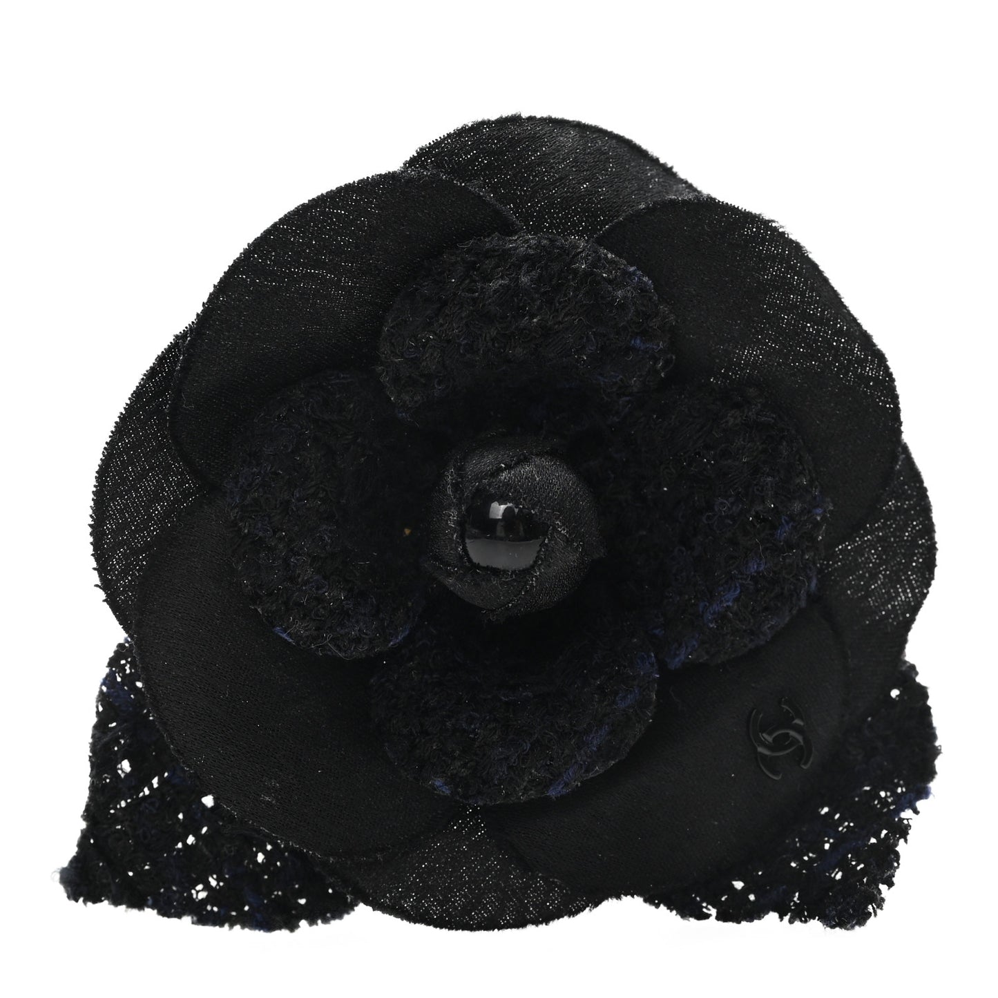 Tweed Fabric Camellia Pin Brooch Navy Blue Black