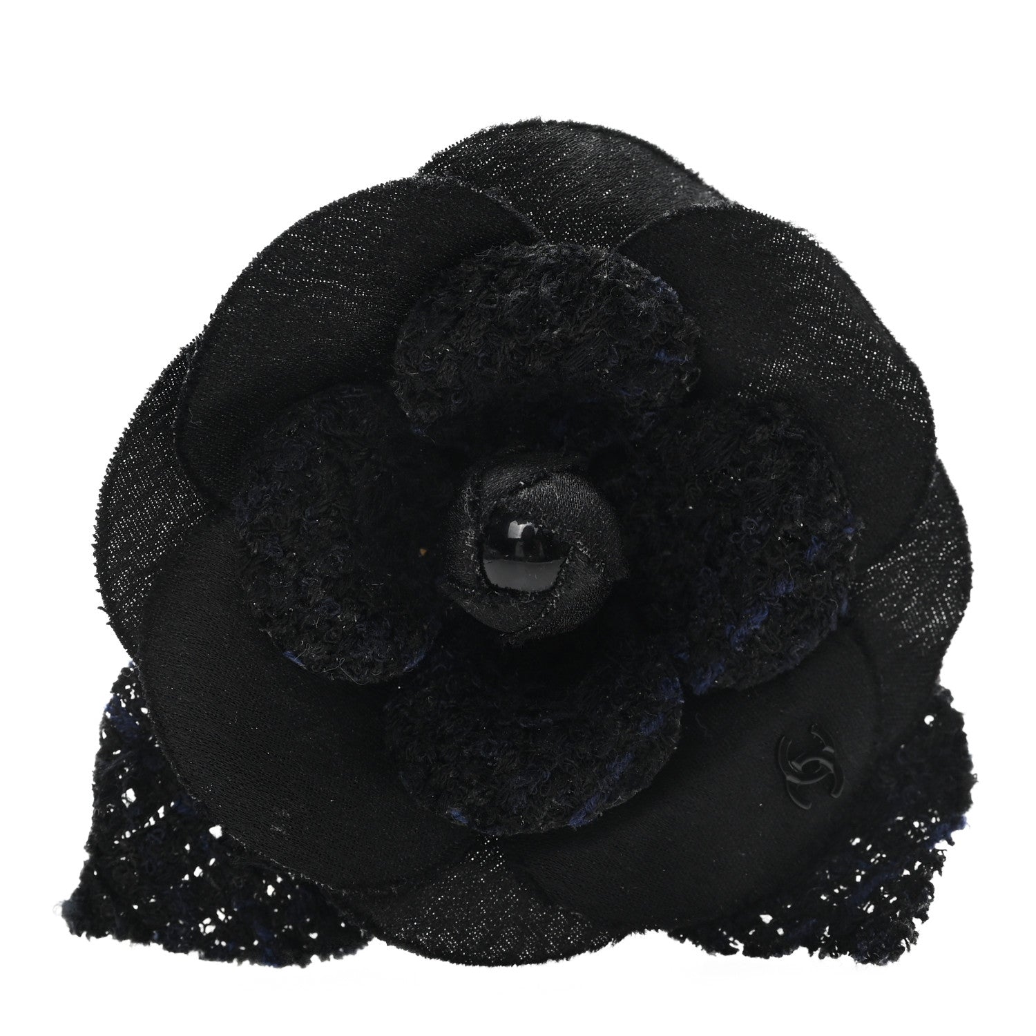 Chanel Tweed Fabric Camellia Pin Brooch Navy Blue Black 1 of 4