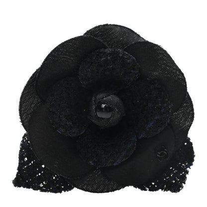 Chanel Tweed Fabric Camellia Pin Brooch Navy Blue Black 1 of 4