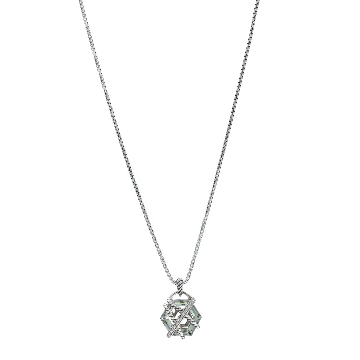 Sterling Silver Diamond Prasiolite 16mm Petite Cable Wrap Pendant Necklace