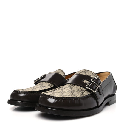 Gucci GG Supreme Monogram Mens Double Buckle Loafers 9 Beige Ebony Cocoa 4 of 10