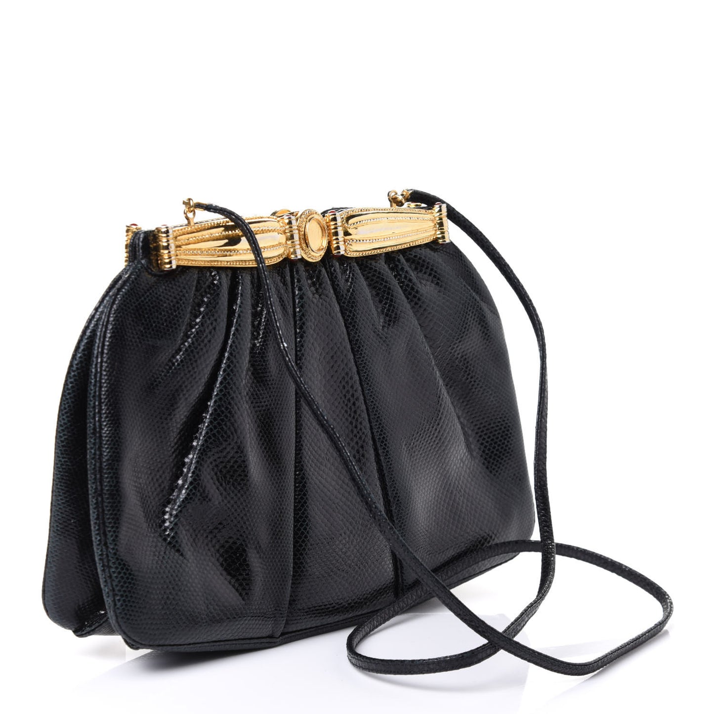 Lizard Pleated Evening Bag Black