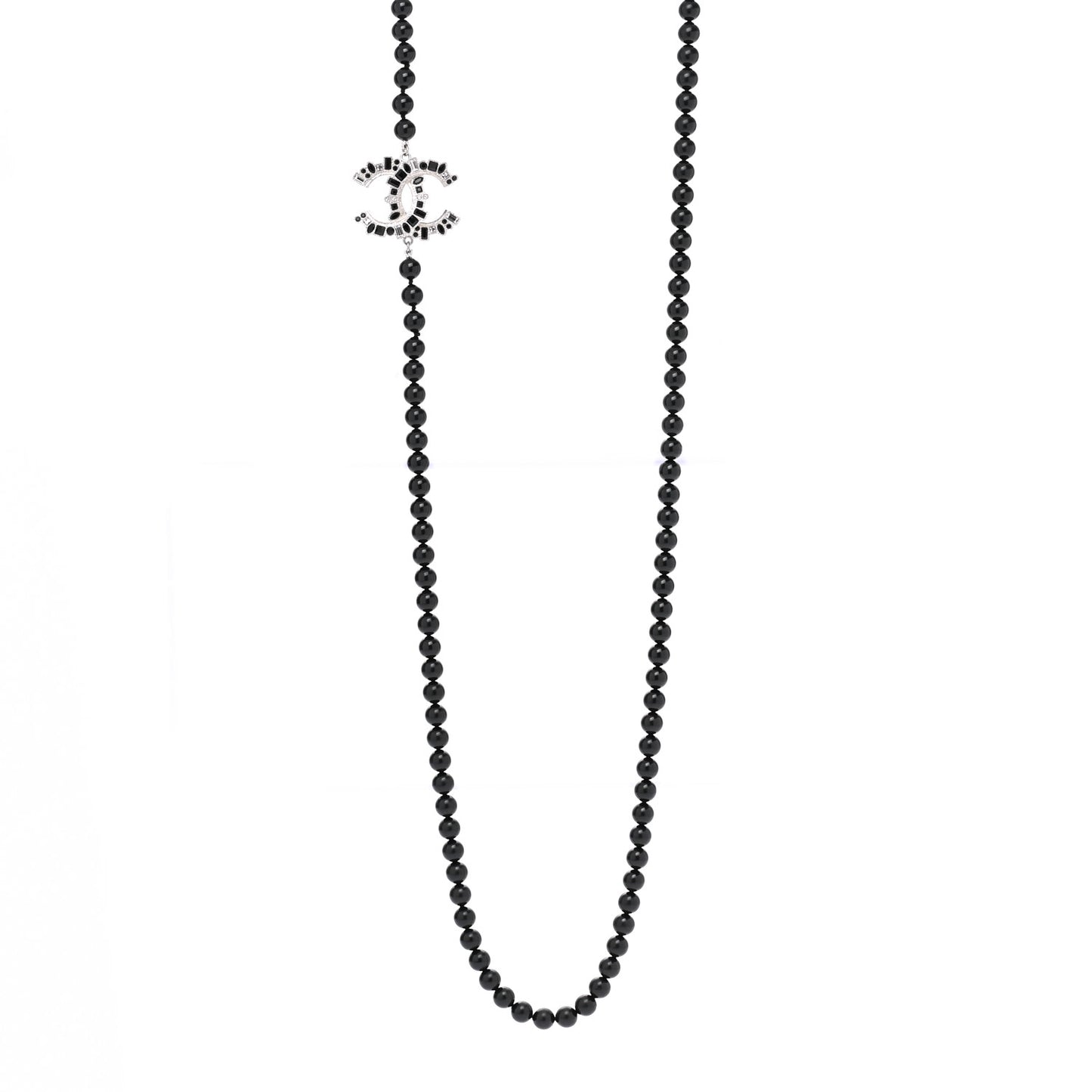 Baguette Crystal Beaded CC Long Necklace Black Silver
