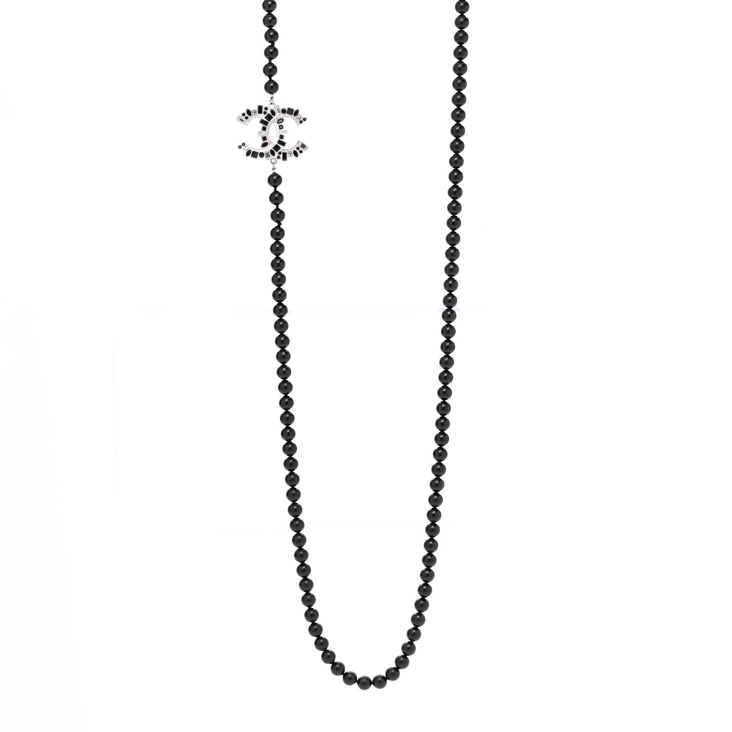 Chanel Baguette Crystal Beaded CC Long Necklace Black Silver 1 of 6