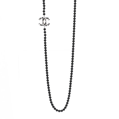 Chanel Baguette Crystal Beaded CC Long Necklace Black Silver 1 of 6