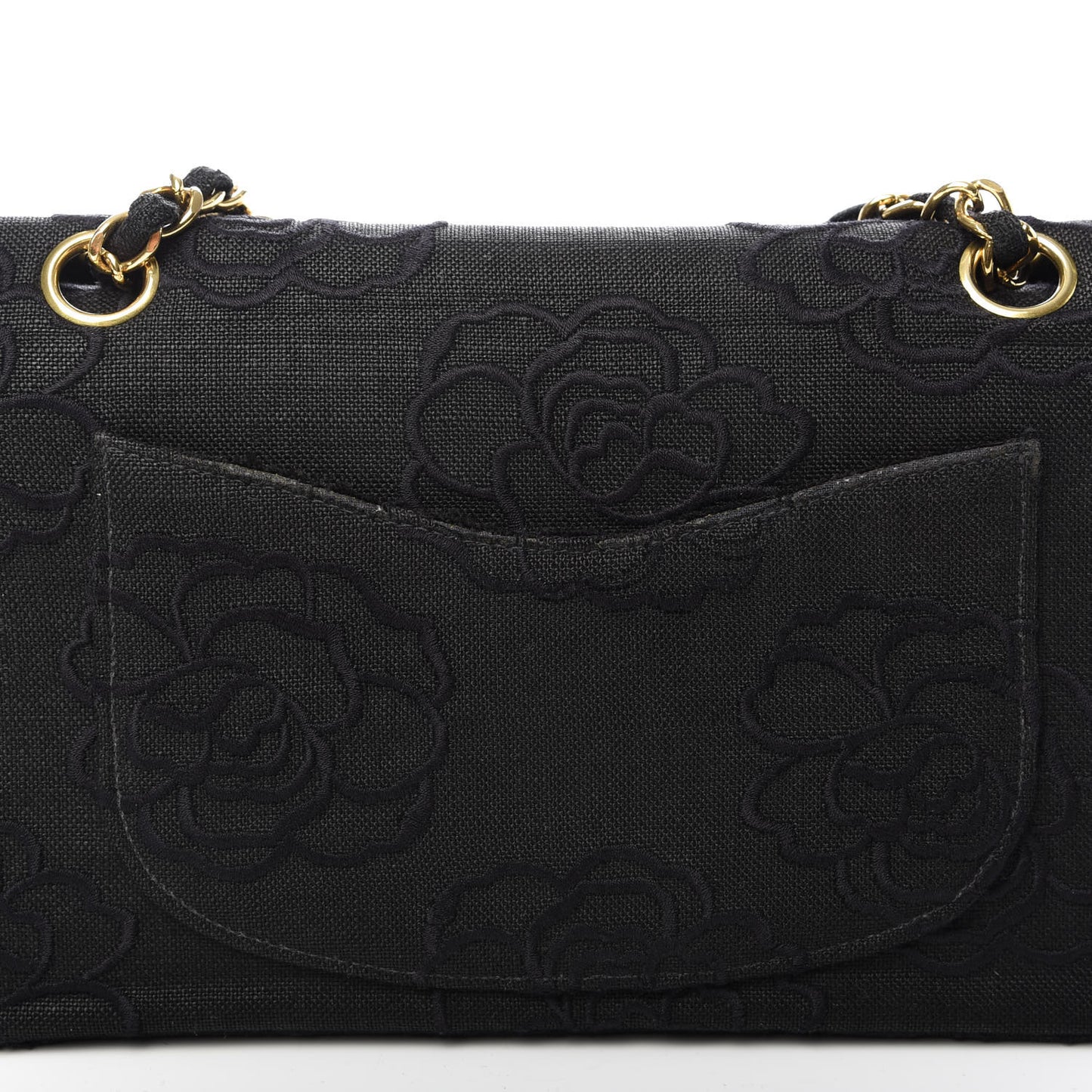 Canvas Camellia Embroidered Medium Double Flap Black