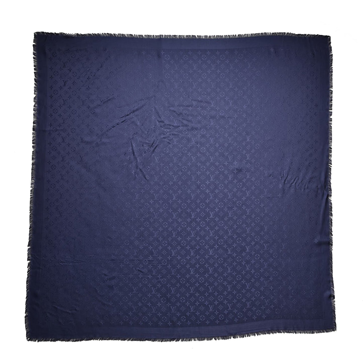 Wool Silk Monogram Shawl Blue Nuit