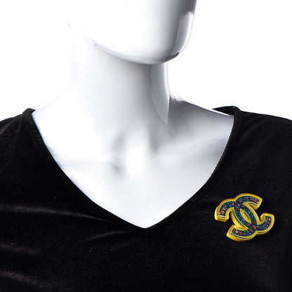 Chanel Resin Glitter Crystal CC Brooch Yellow Blue 2 of 6