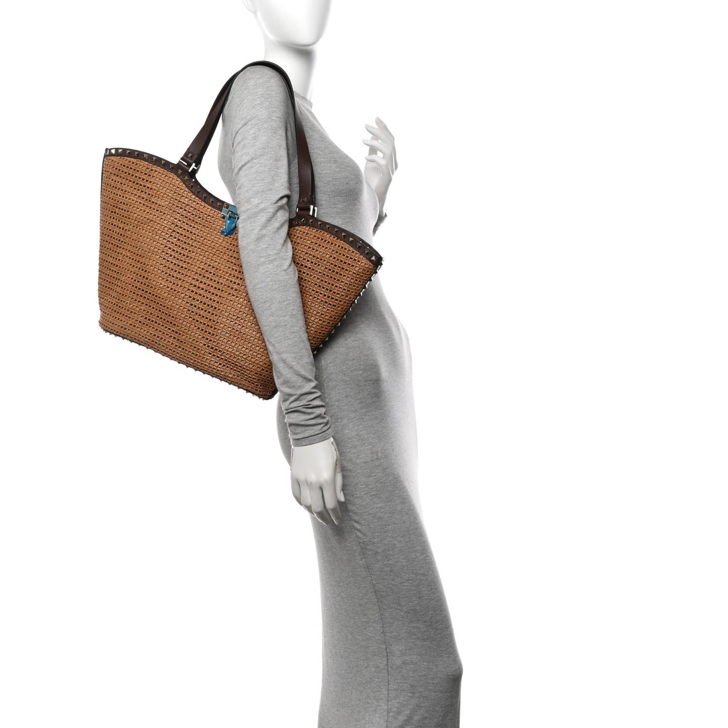 Synthetic Raffia Calfskin Rockstud Garden Tote Bag Tobacco Cacao