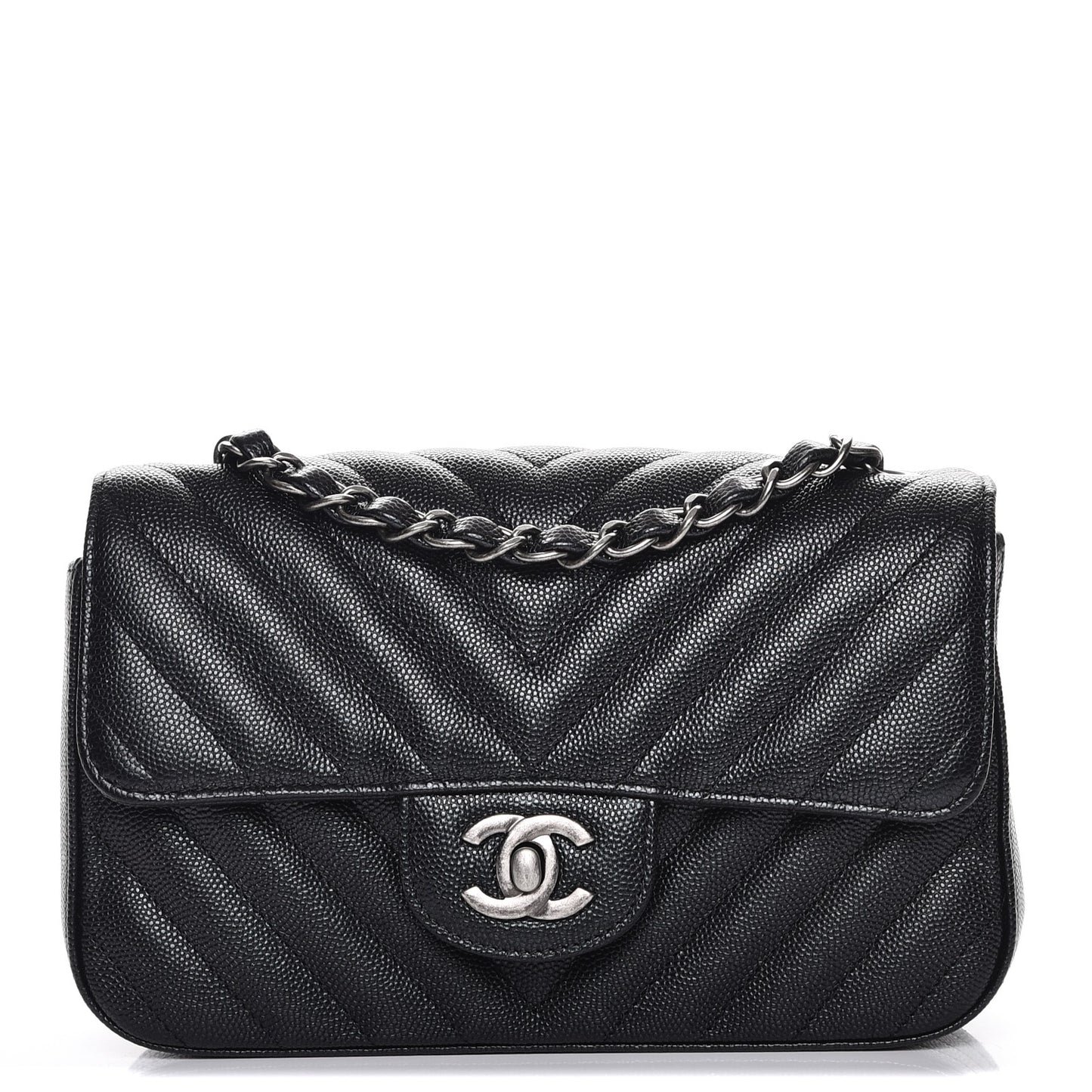 Metallic Caviar Chevron Quilted Mini Rectangular Flap Black