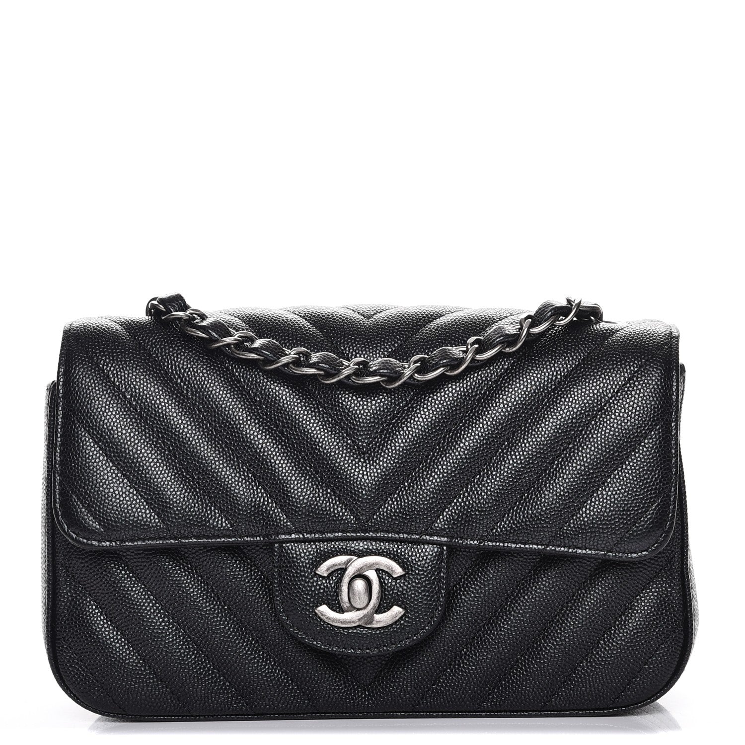 Chanel Metallic Caviar Chevron Quilted Mini Rectangular Flap Black 1 of 8