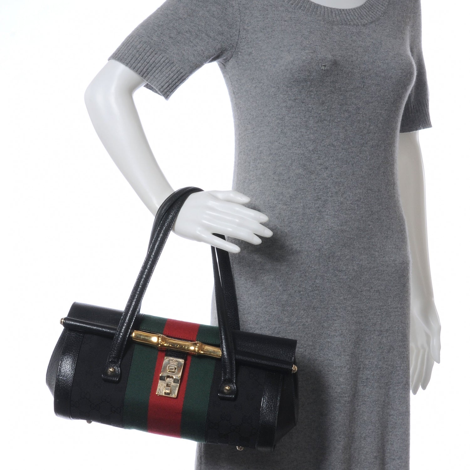 Gucci Calfskin Web Bamboo Bullet Satchel 2 of 7