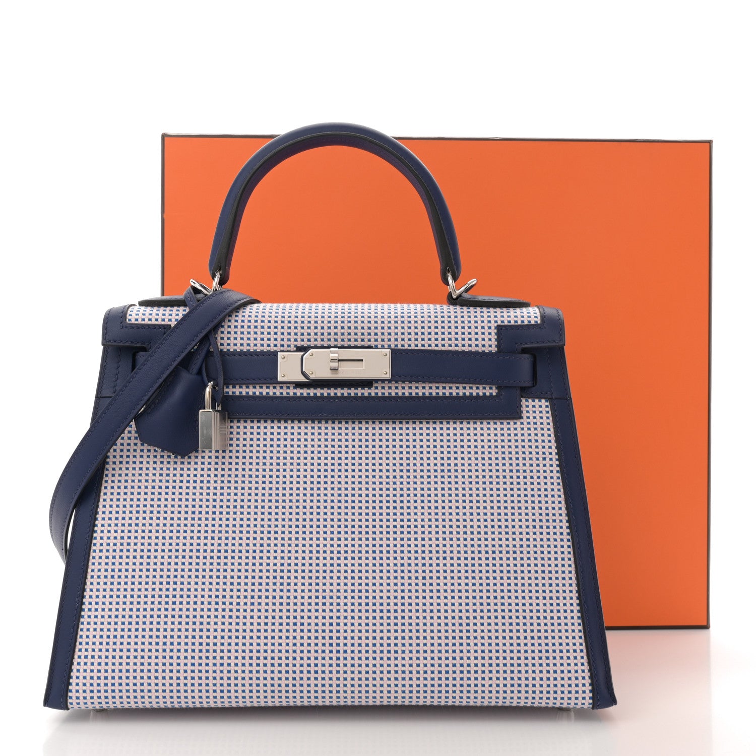 Hermes Toile Quadrille Swift Kelly Sellier 28 Bleu Saphir Mauve Sylvestre 10 of 10