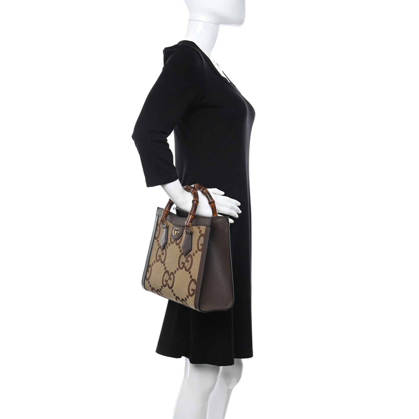 Monogram Jumbo GG Textured Dollar Calfskin Small Diana Tote Bag Camel Ebony New Acero