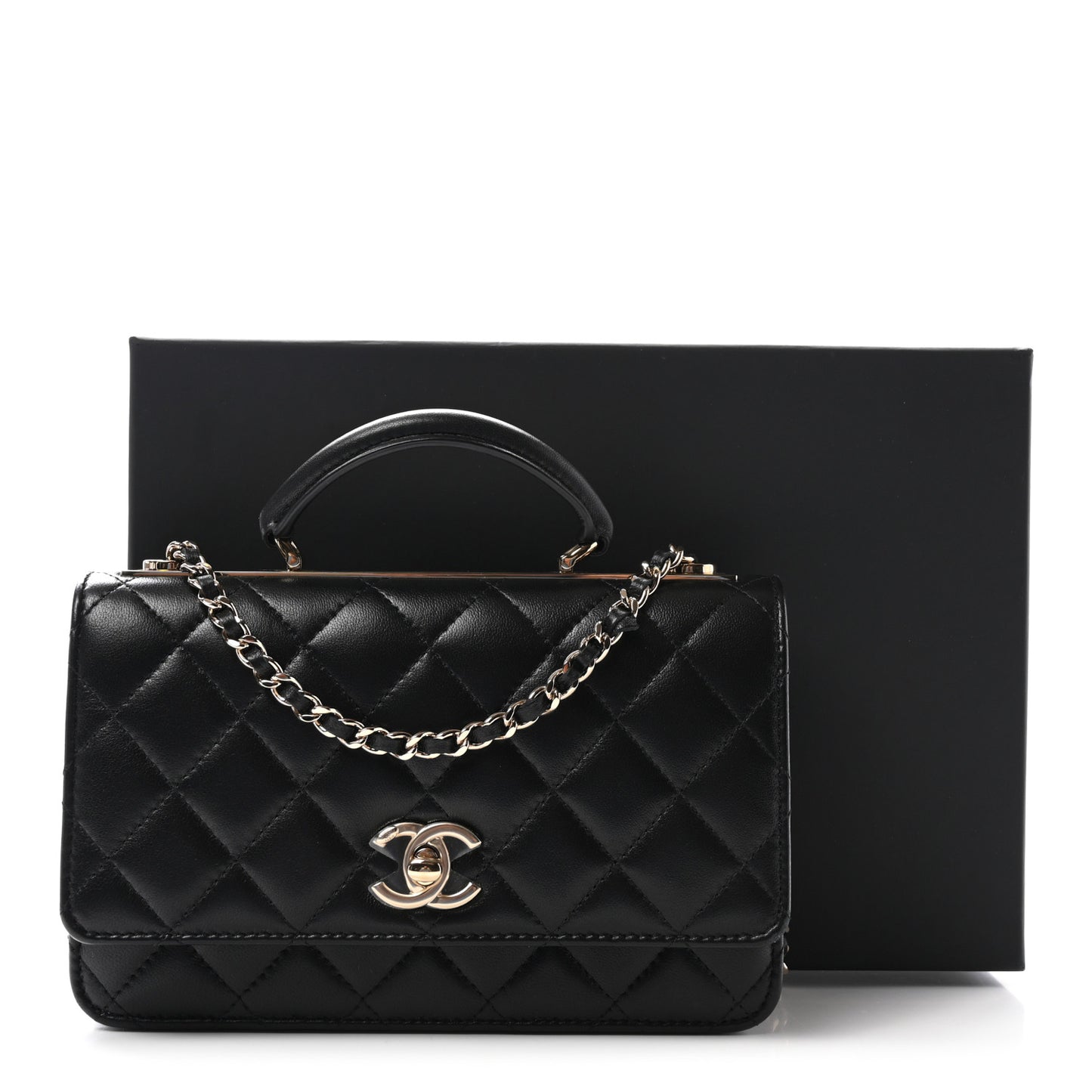 Lambskin Quilted Trendy CC Dual Handle Clutch With Chain Black