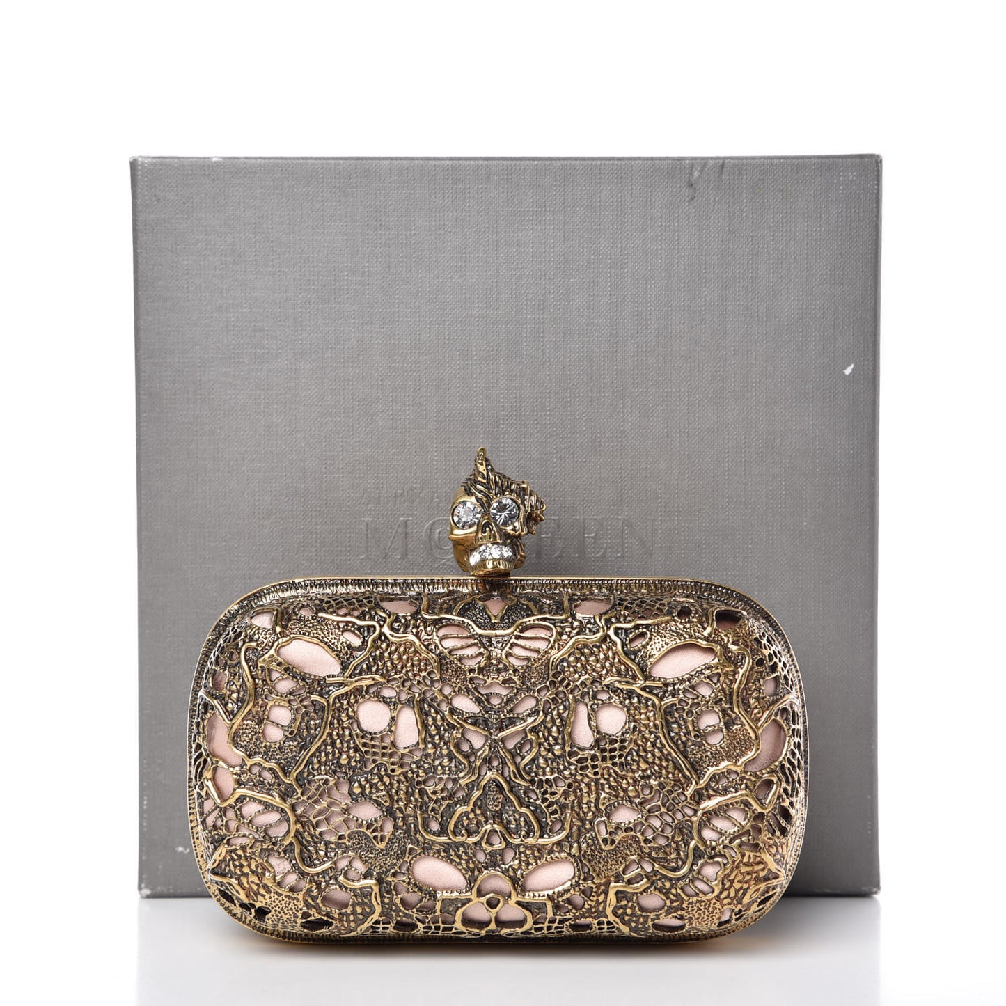 Metal Filigree Crystal Embellished Duchesse Skull Box Clutch Gold