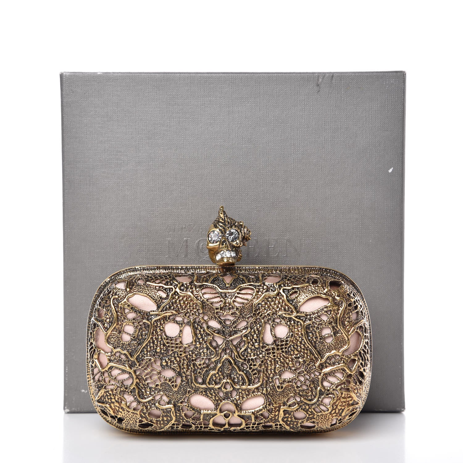 Alexander McQueen Metal Filigree Crystal Embellished Duchesse Skull Box Clutch Gold 14 of 14
