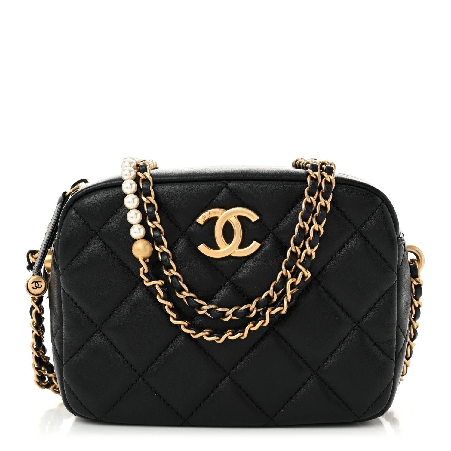 Chanel Lambskin Quilted Pearl Chain Camera Case Black 1 of 10