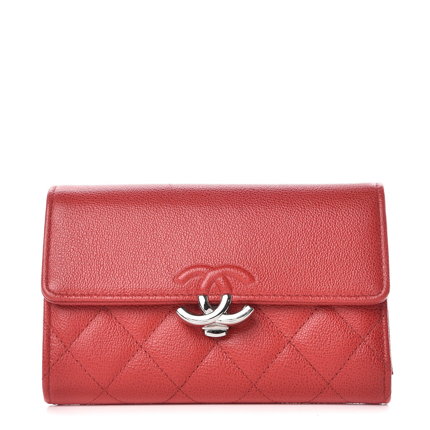 Grained Calfskin Quilted CC Box Flap Wallet Red