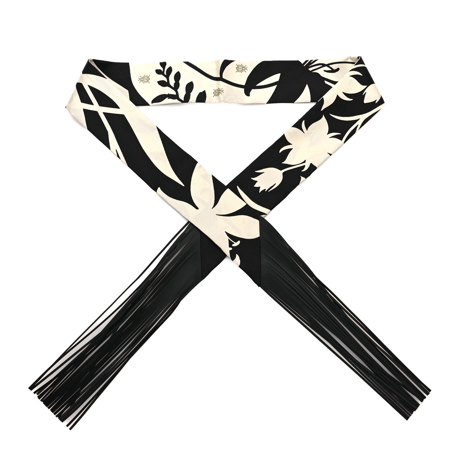 Hermes Silk Calfskin Bouquet Final Fringed Twilly Creme Black 1 of 4