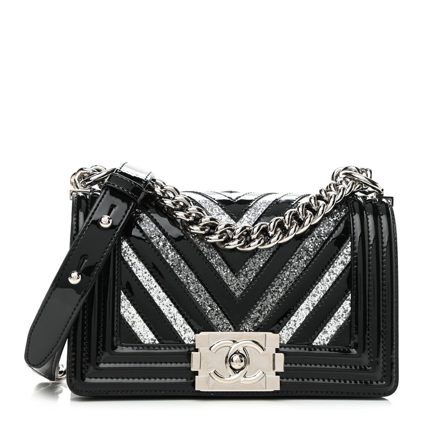 Patent Glitter PVC Chevron Quilted Small Boy Flap Black Silver